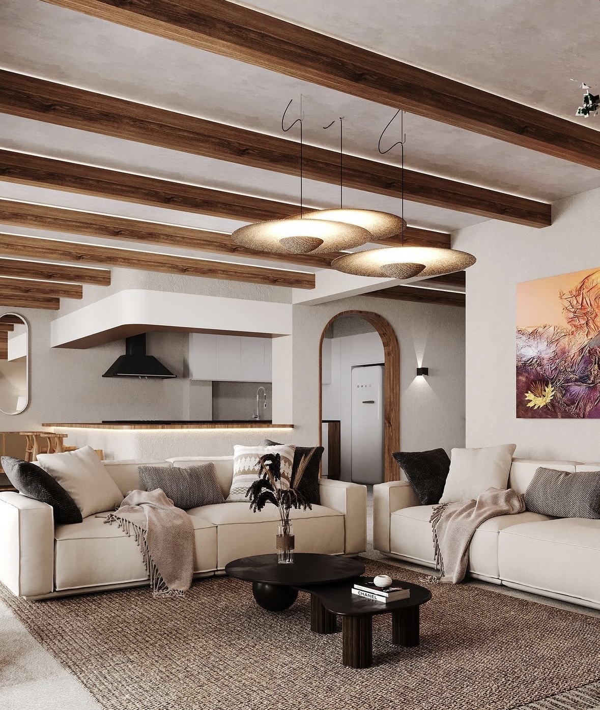 Başakşehir Villa salonunda oturma grubu, mutfak ve katmanlı aydınlatma