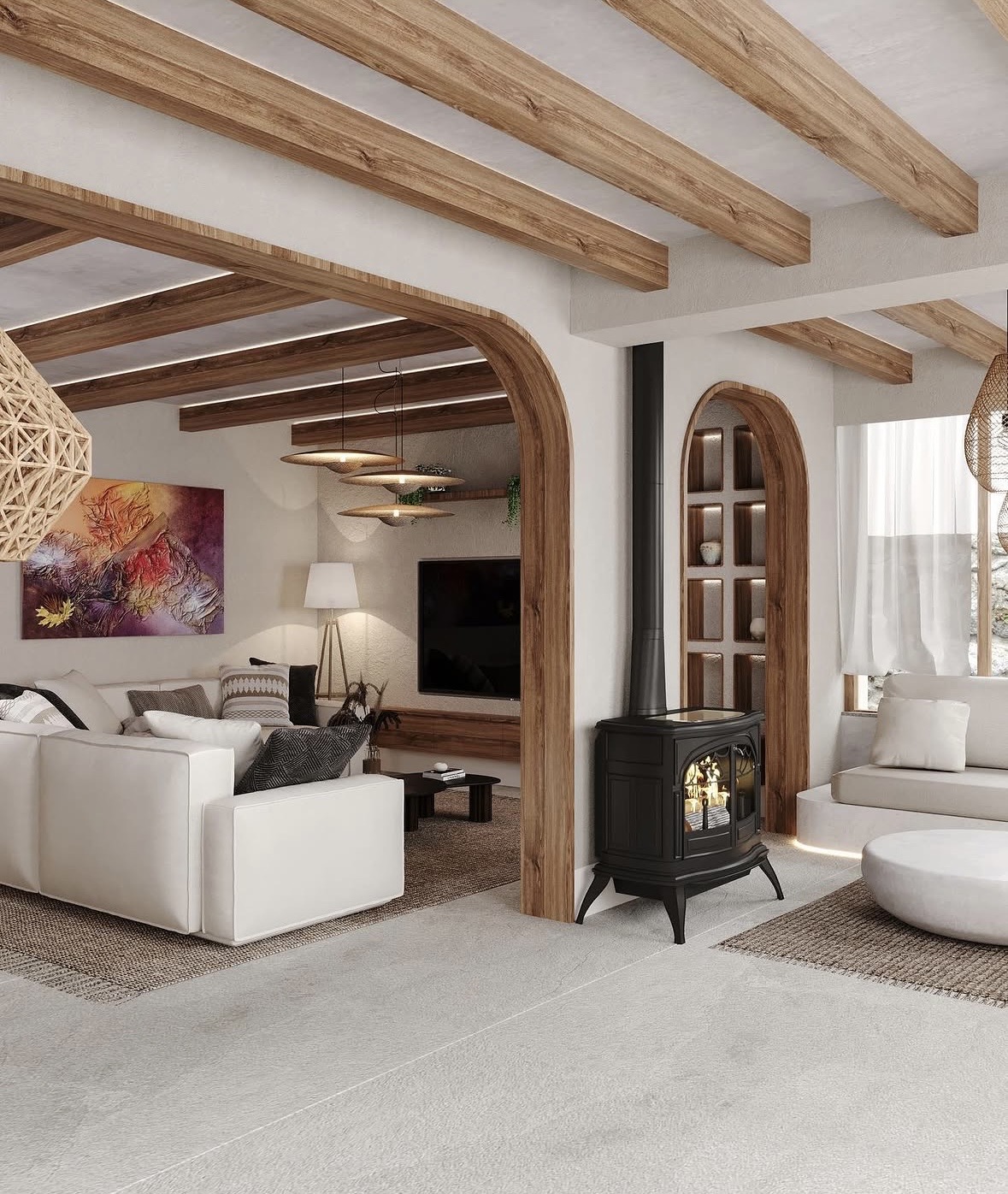Başakşehir Villa salonunda kemerli geçişler, şömine ve iki oturma alanı