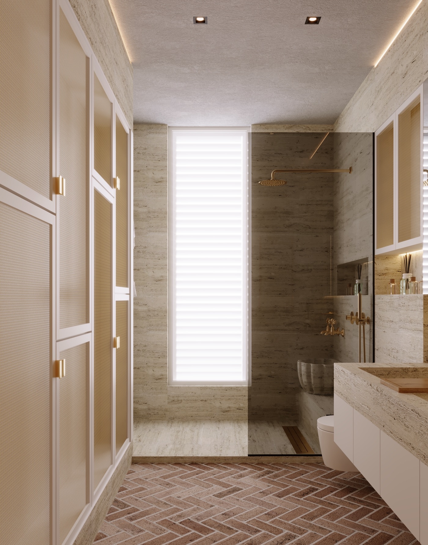 Zekeriyaköy Villa banyosunda duş, pencere ve depolama alanlarını gösteren render