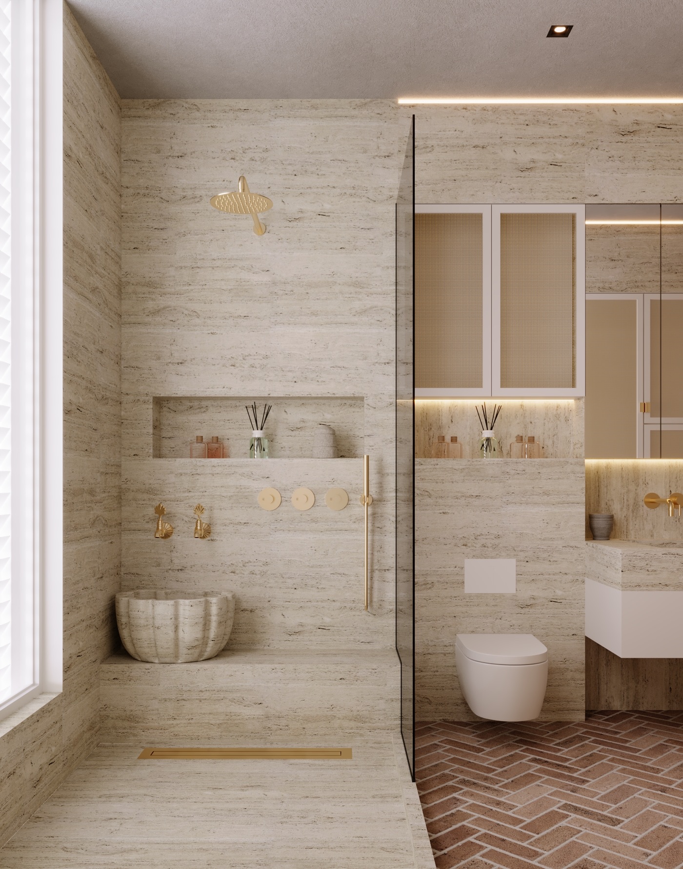 Zekeriyaköy Villa banyosunda duş ve doğal taş yüzeyleri gösteren render