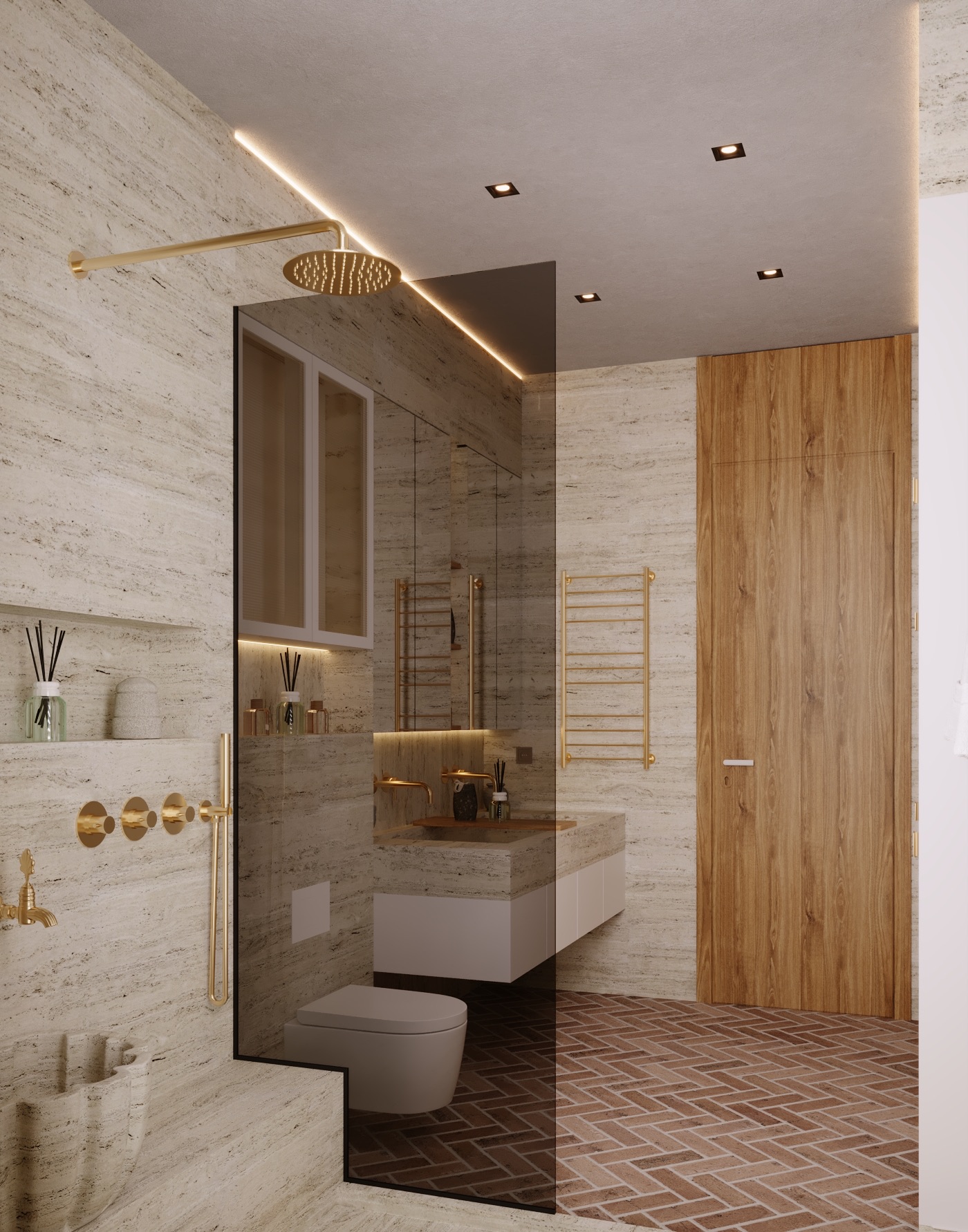 Zekeriyaköy Villa banyosunda duş camı ve ahşap kapıyı gösteren render