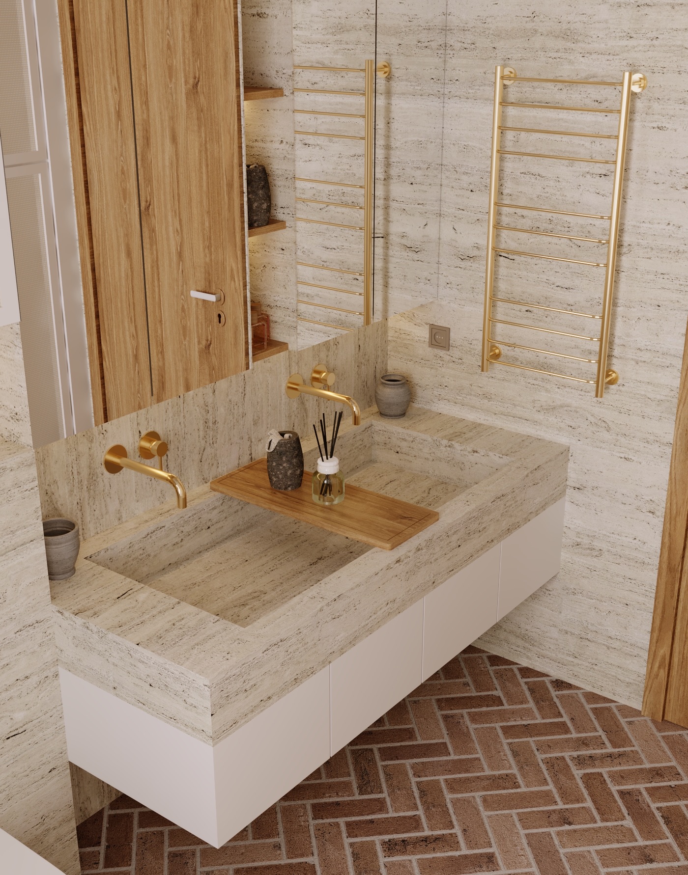 Zekeriyaköy Villa banyosunda doğal taş lavabo ve pirinç armatür detayı