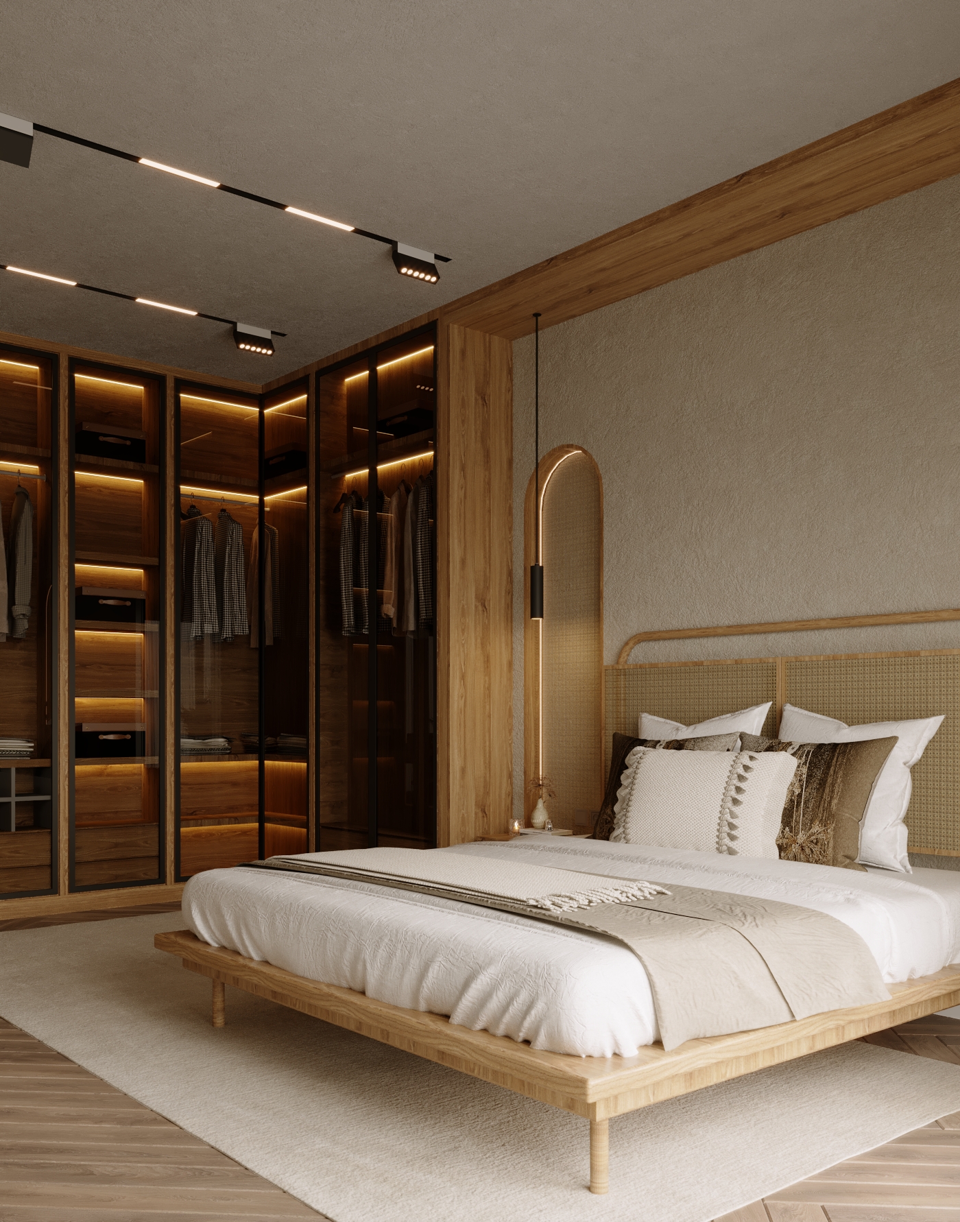 Zekeriyaköy Villa yatak odasında yatak ve aydınlatmalı cam kapaklı dolapları gösteren render