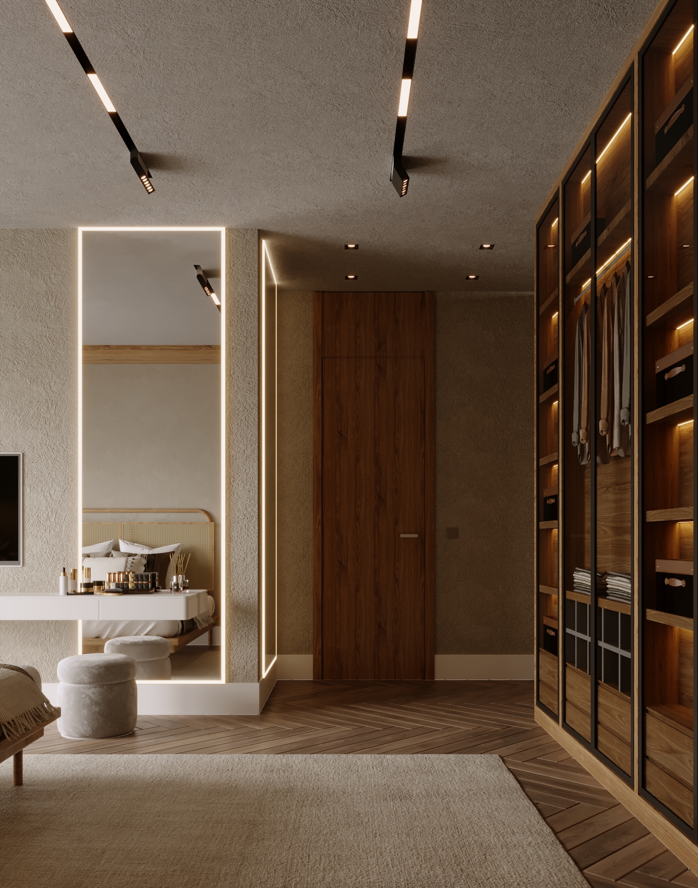 Zekeriyaköy Villa yatak odasında giyinme dolapları, aydınlatmalı ayna ve ahşap kapıyı gösteren render