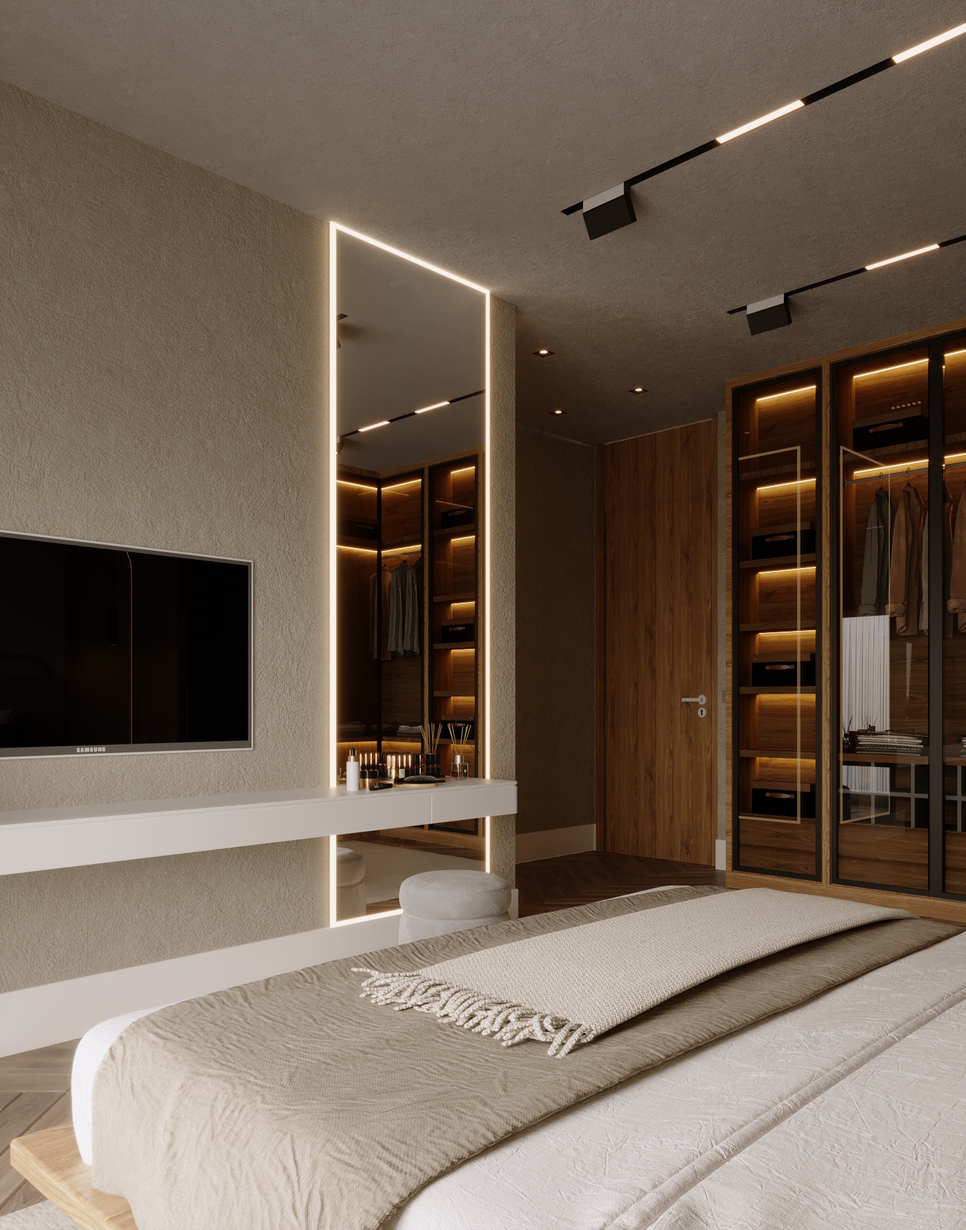 Zekeriyaköy Villa yatak odasında yatak, makyaj masası ve aydınlatmalı dolapları gösteren render